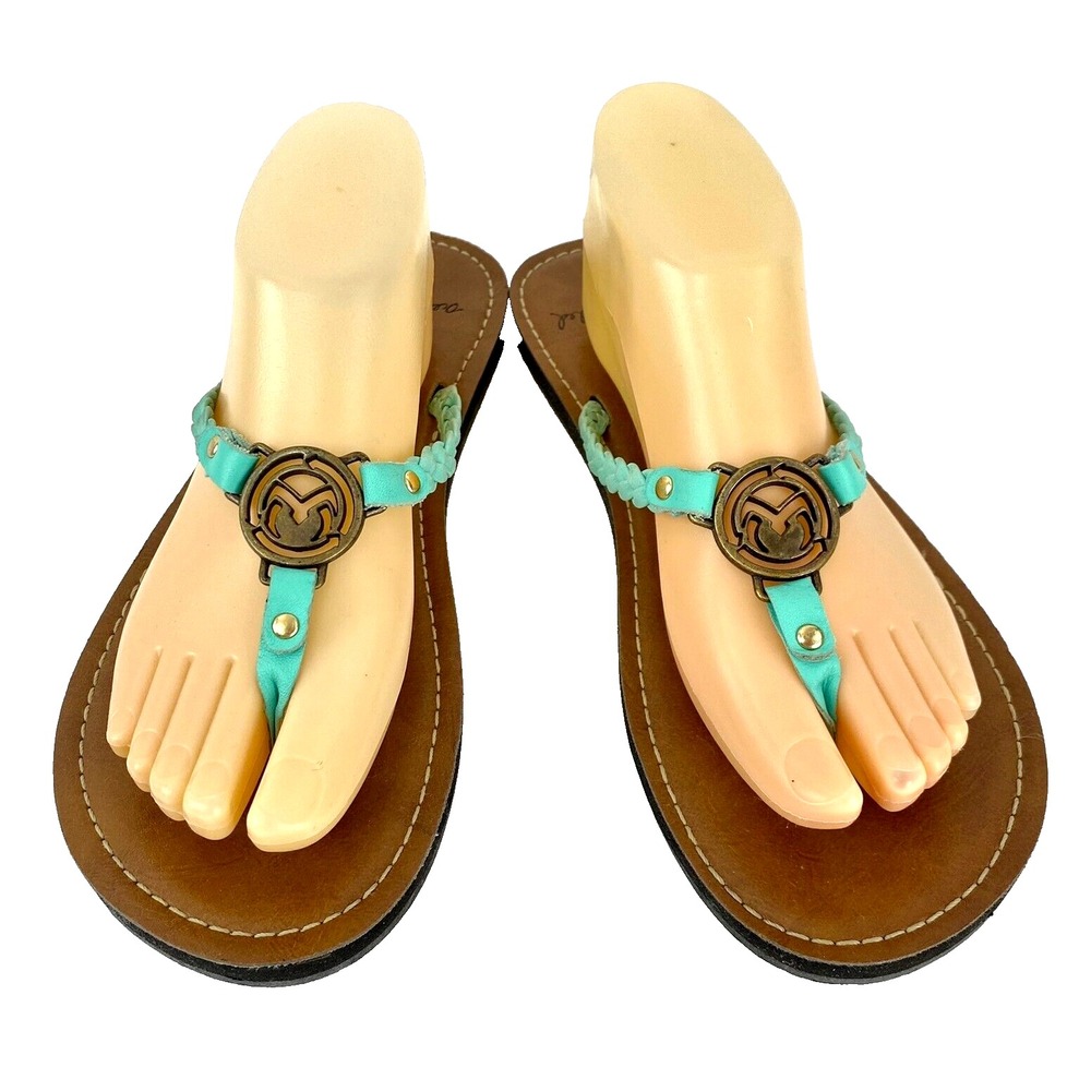 Ocean Minded Leather Sandals Women's 10 Flip Flops Shoes Flats Teal Slip On LKNU